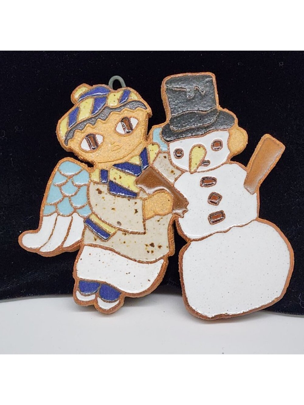 St. Andrews Ceramic Angel & Snowman Ornament Stamp Signed 4.25x3.75